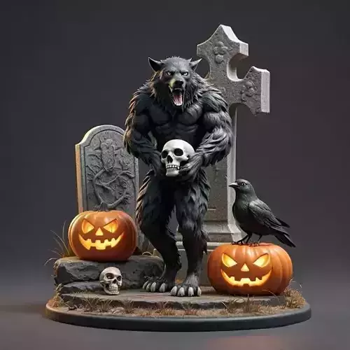 2698COLOR Werewolf Howling with Skull 3D Model  Halloween
