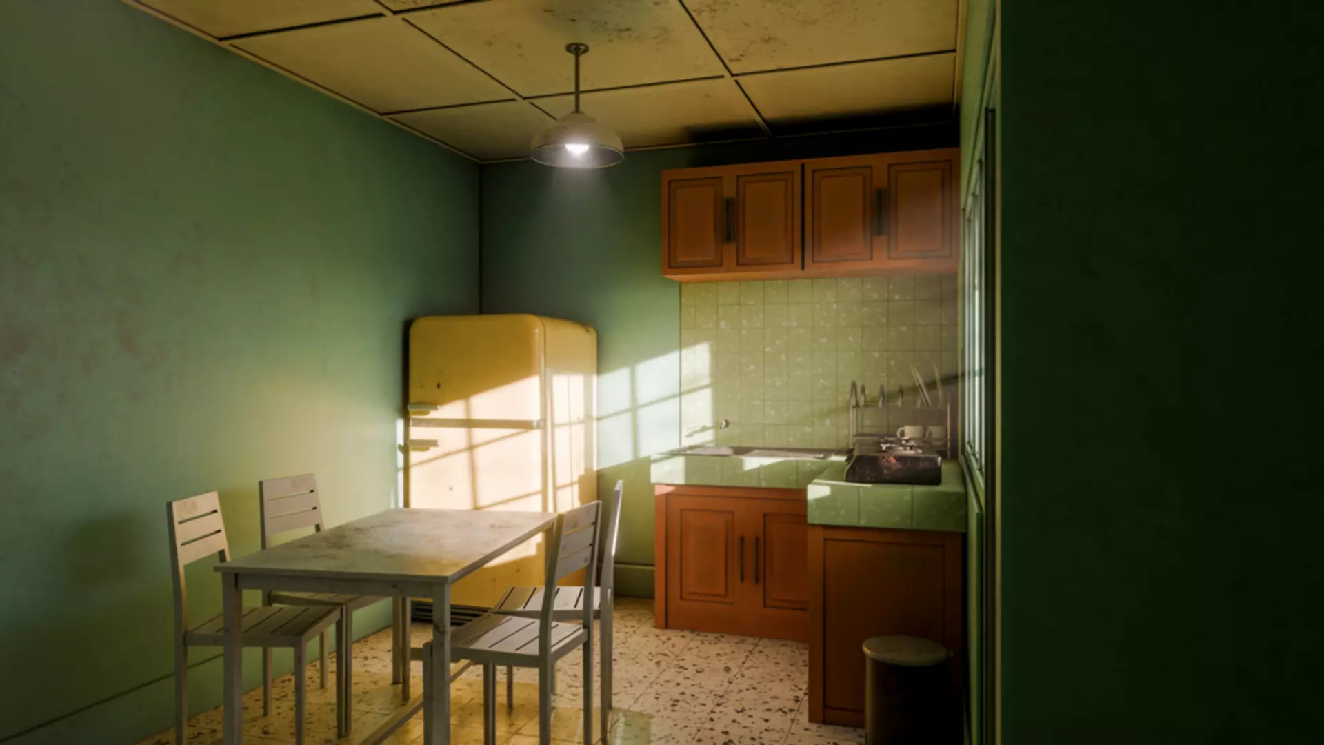 Kitchen with yellow refrigerator and green wall Free 3D model_3