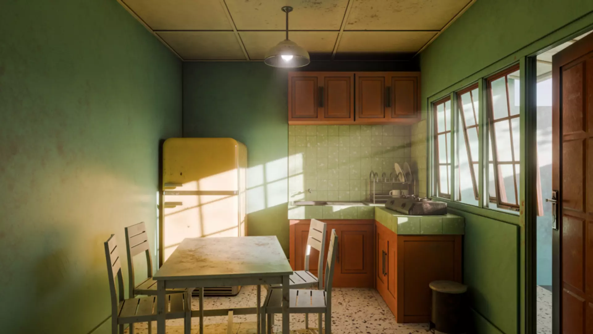 Kitchen with yellow refrigerator and green wall Free 3D model_1