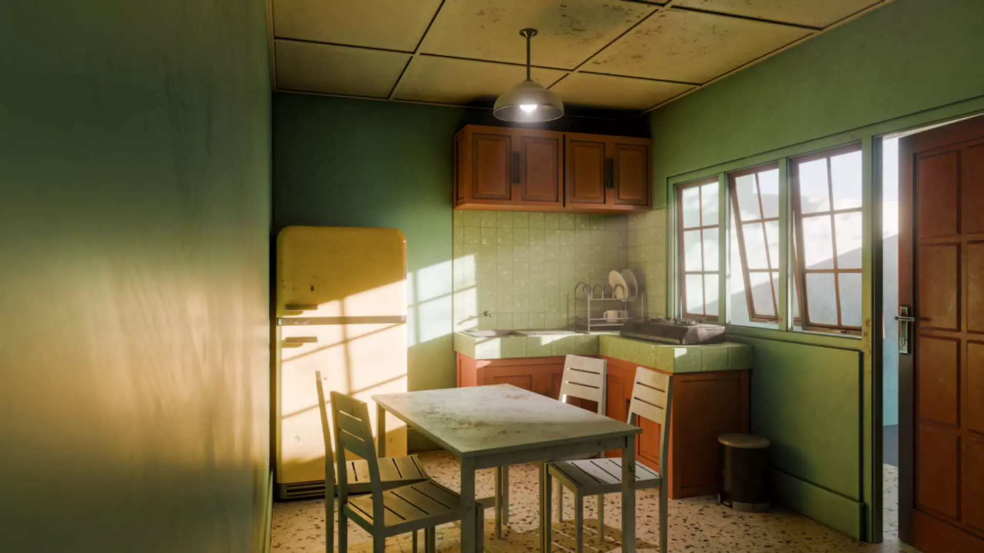 Kitchen with yellow refrigerator and green wall Free 3D model_2