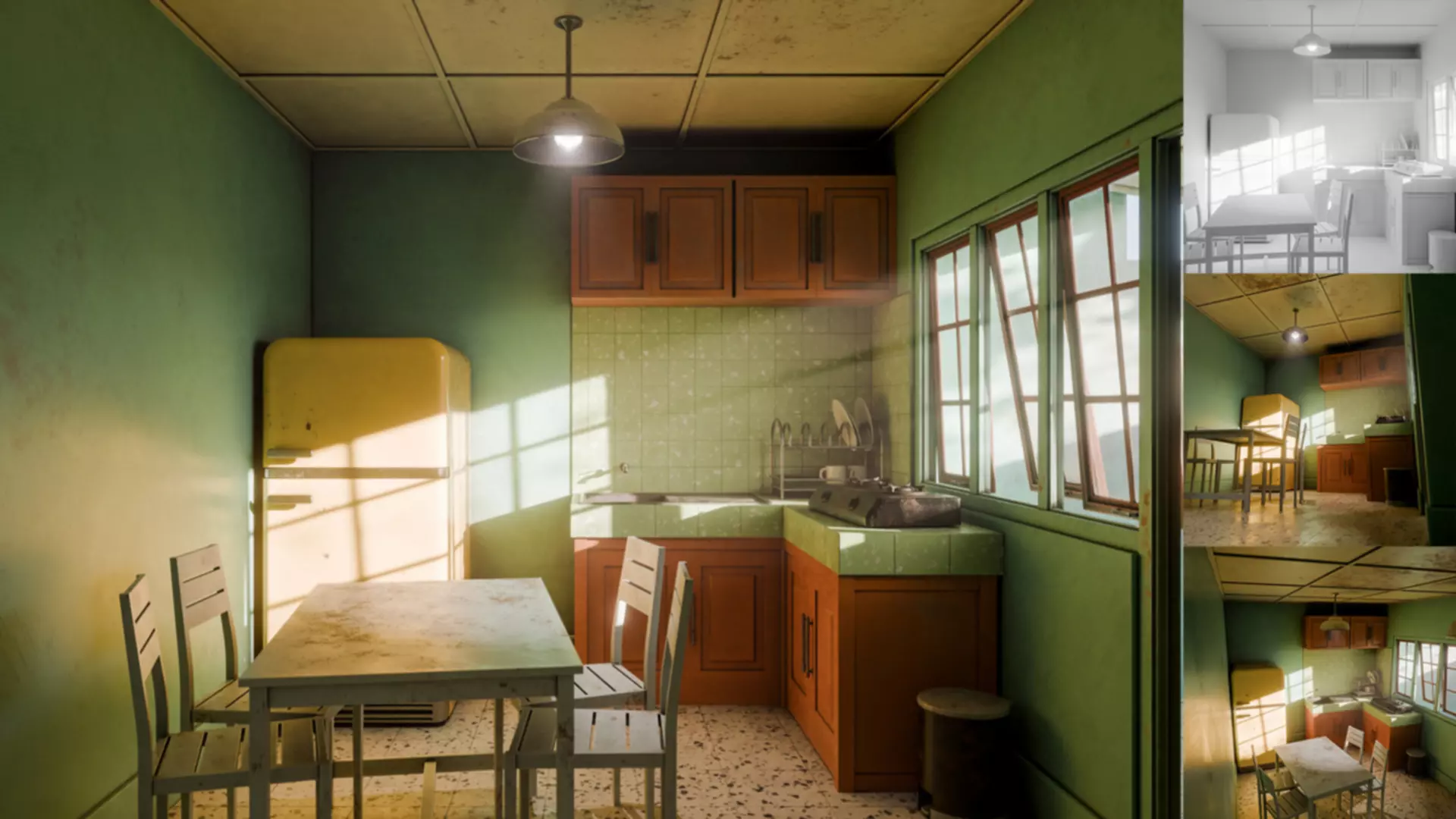 Kitchen with yellow refrigerator and green wall Free 3D model_0