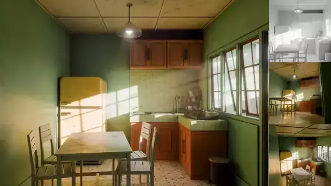 Kitchen with yellow refrigerator and green wall Free 3D model Kitchen with yellow refrigerator and green wall Free 3D model