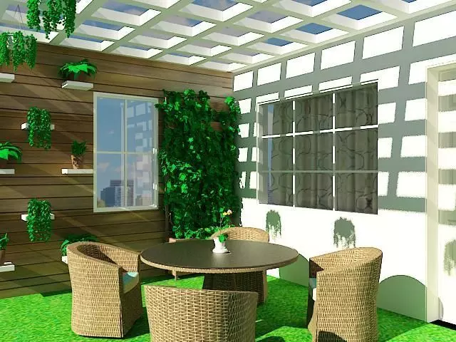 Rooftop Garden Oasis with Pergola and Wicker Seating 3D model_0