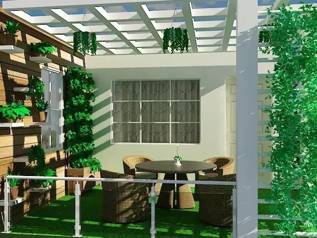 Rooftop Garden Oasis with Pergola and Wicker Seating 3D model_2