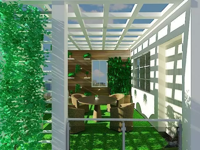 Rooftop Garden Oasis with Pergola and Wicker Seating 3D model_1