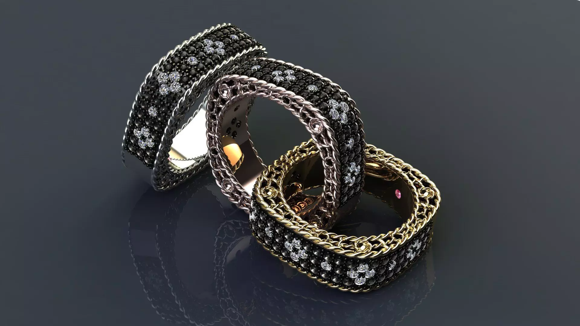 Venetian Princess ring and earrings with black - white diamonds 3D print model_16
