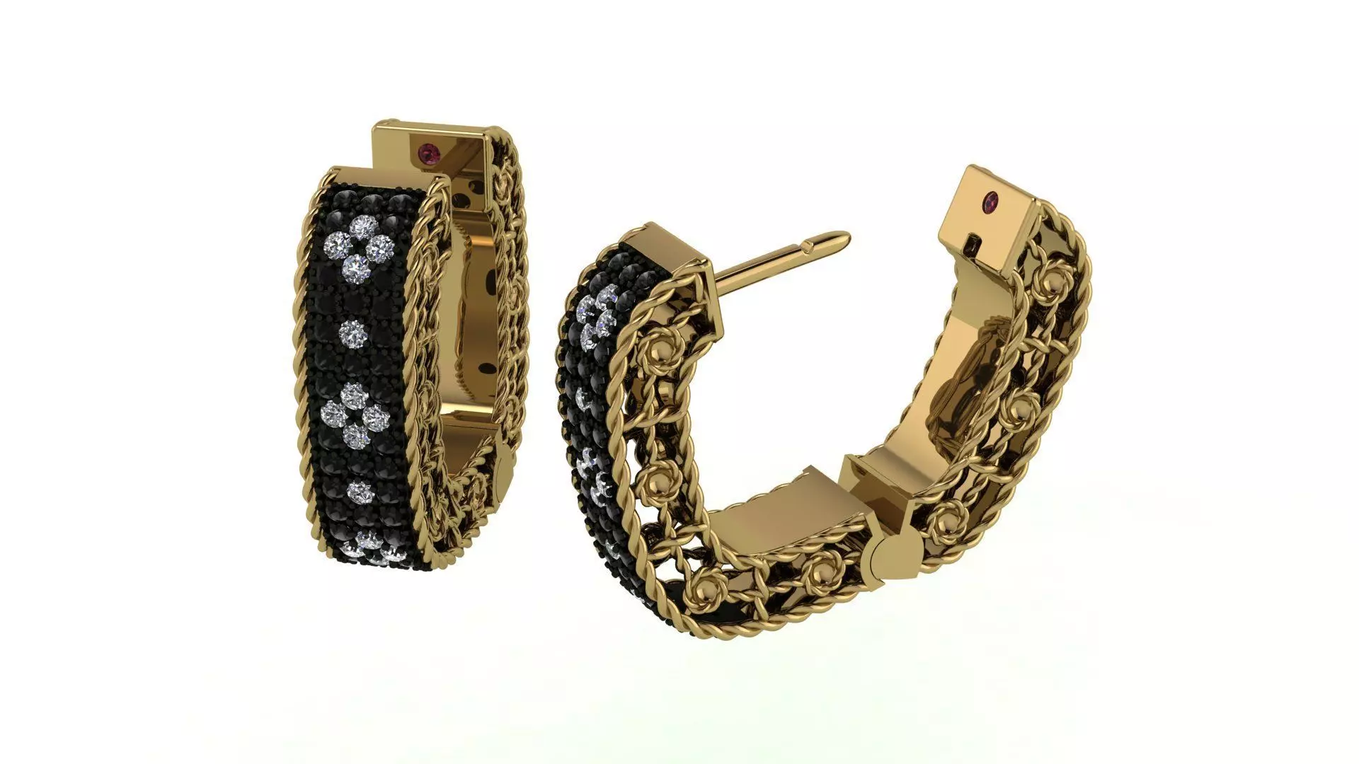 Venetian Princess ring and earrings with black - white diamonds 3D print model_27