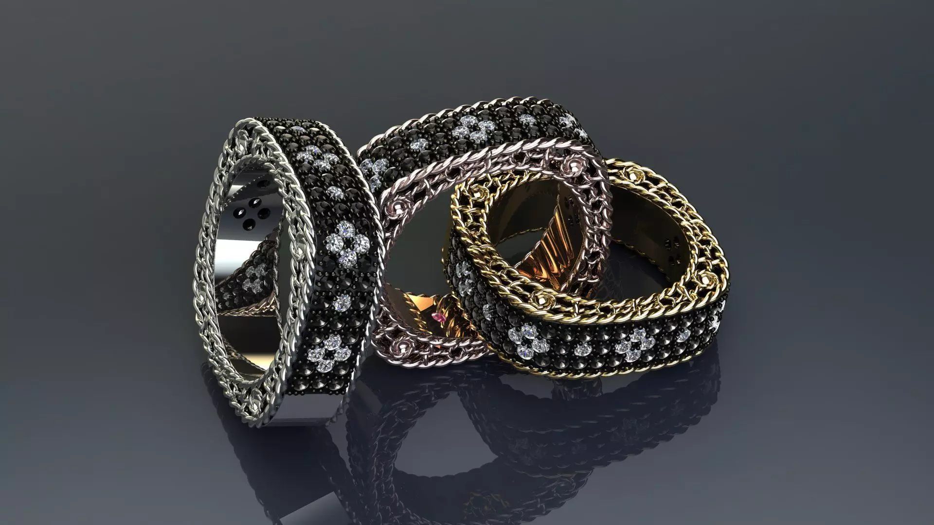 Venetian Princess ring and earrings with black - white diamonds 3D print model_15