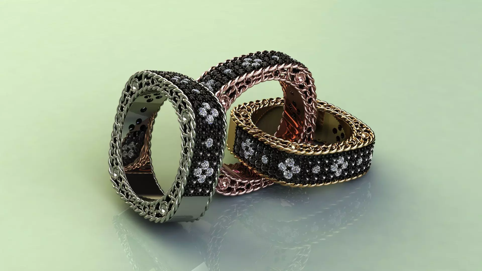 Venetian Princess ring and earrings with black - white diamonds 3D print model_7