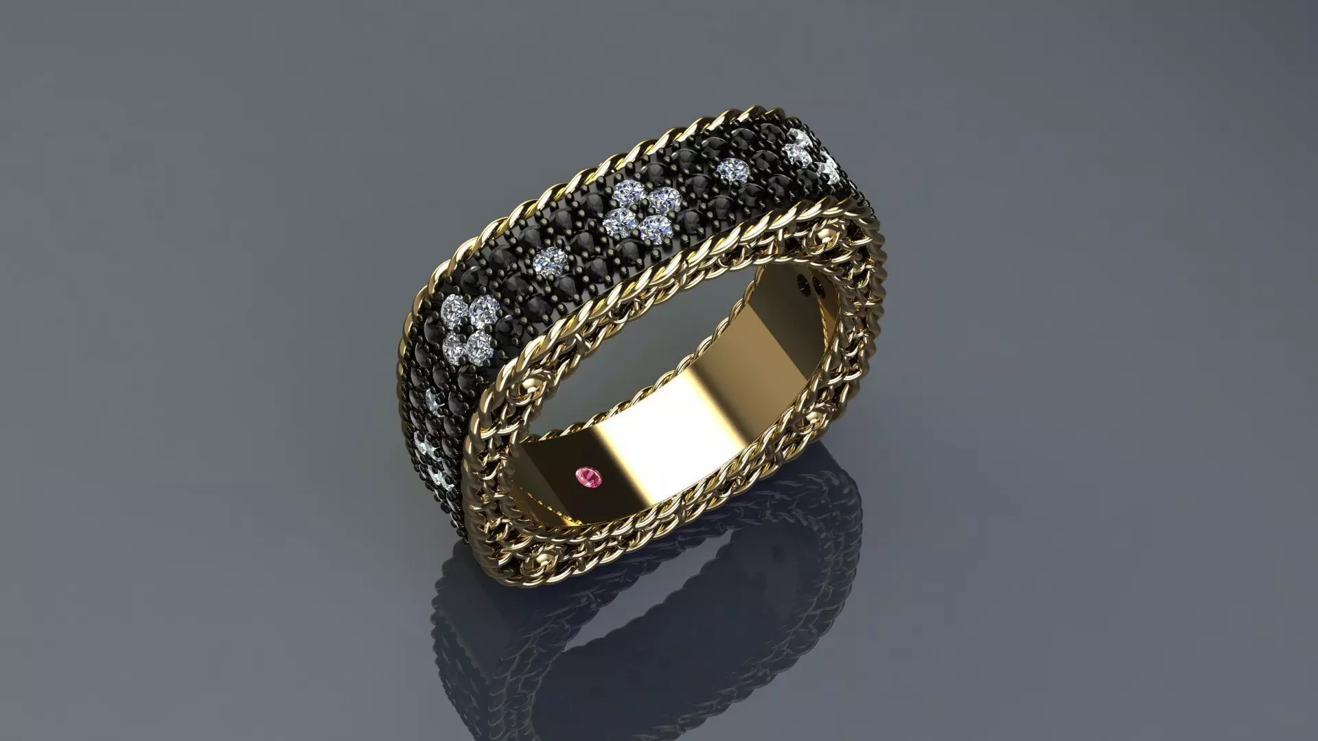 Venetian Princess ring and earrings with black - white diamonds 3D print model_18