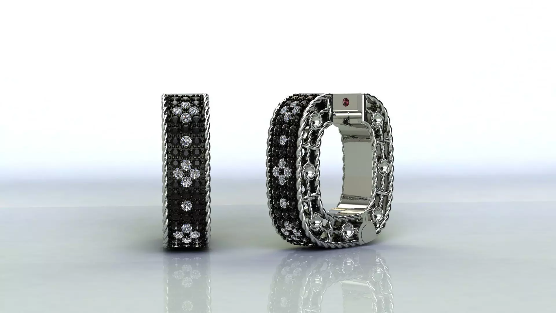 Venetian Princess ring and earrings with black - white diamonds 3D print model_24