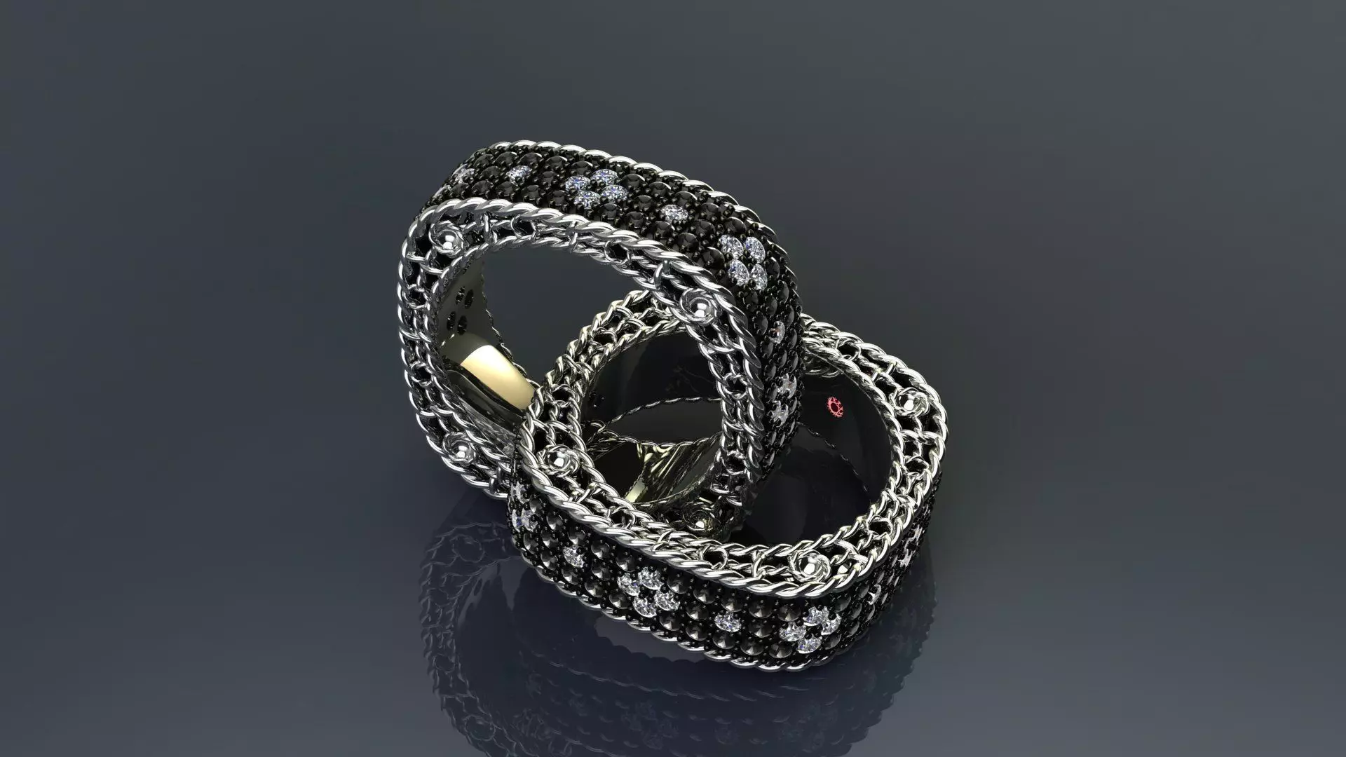 Venetian Princess ring and earrings with black - white diamonds 3D print model_34