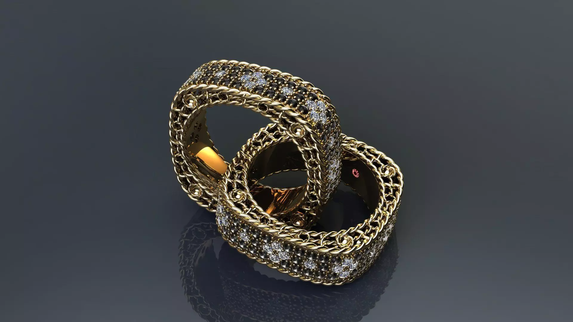 Venetian Princess ring and earrings with black - white diamonds 3D print model_42