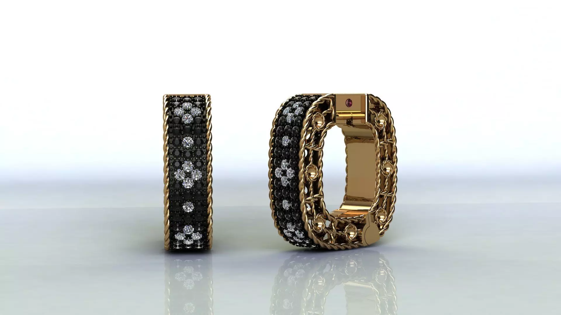 Venetian Princess ring and earrings with black - white diamonds 3D print model_23