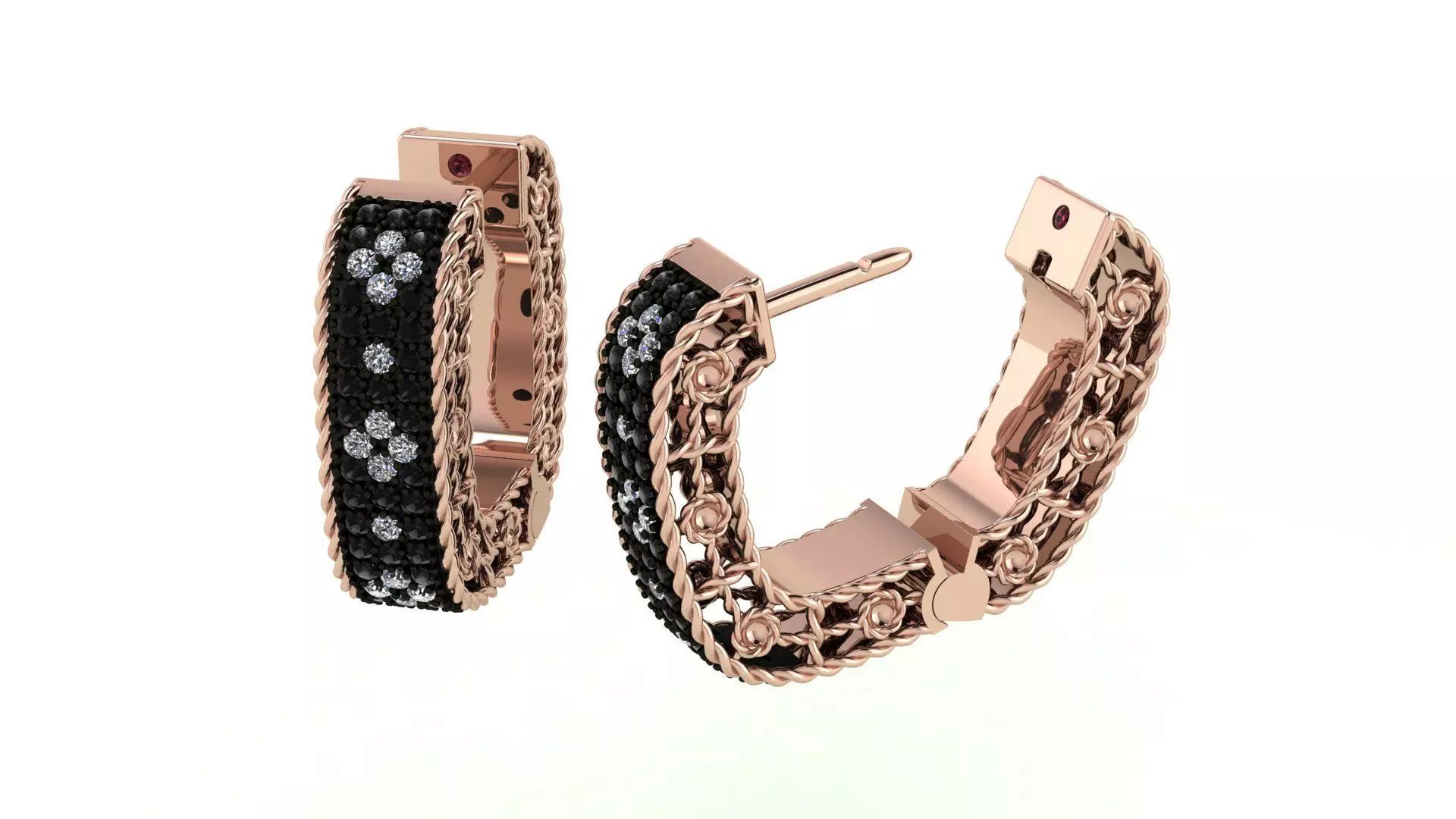 Venetian Princess ring and earrings with black - white diamonds 3D print model_26