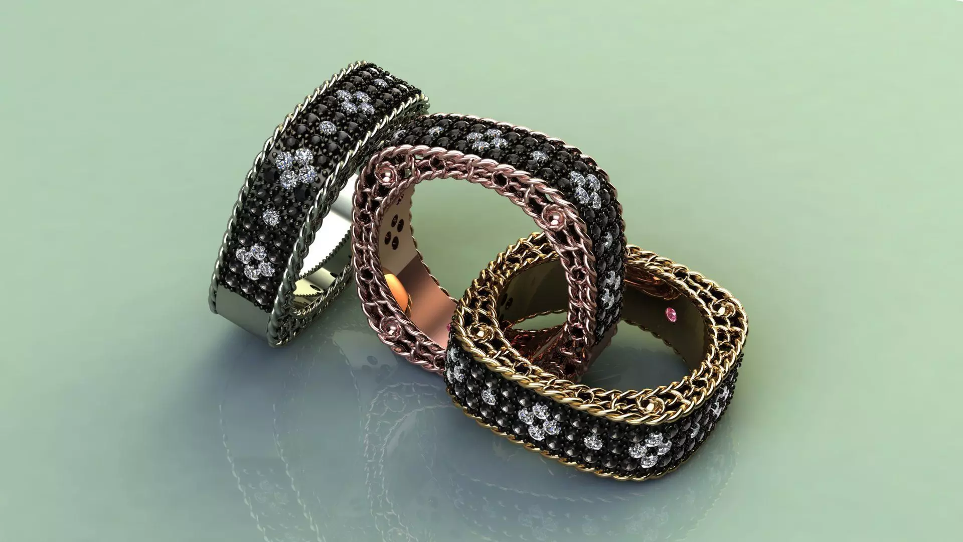 Venetian Princess ring and earrings with black - white diamonds 3D print model_6