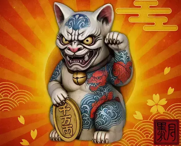 Yokai Maneki-Neko Figure Japanese Demon Lucky Cat with Irezumi