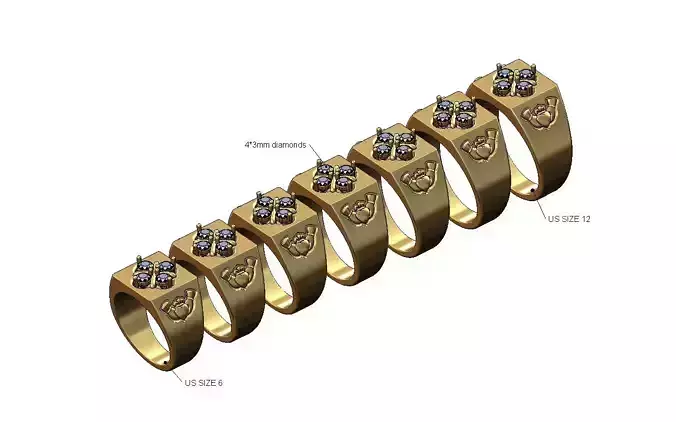 Diamond clover Claddagh sides square signet ring US sizes 6to12