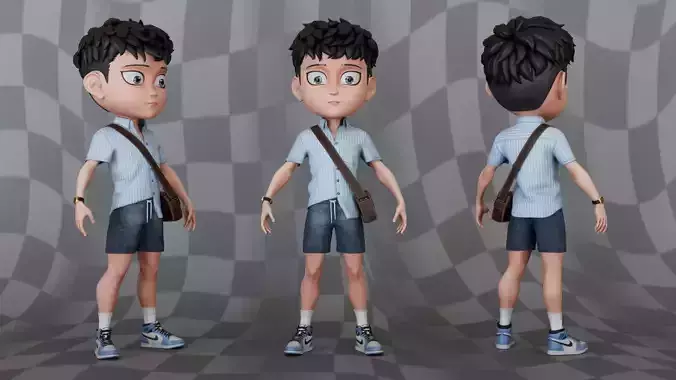 Chibi Boy Shirt shorts Snecker Blue Bag Brown 