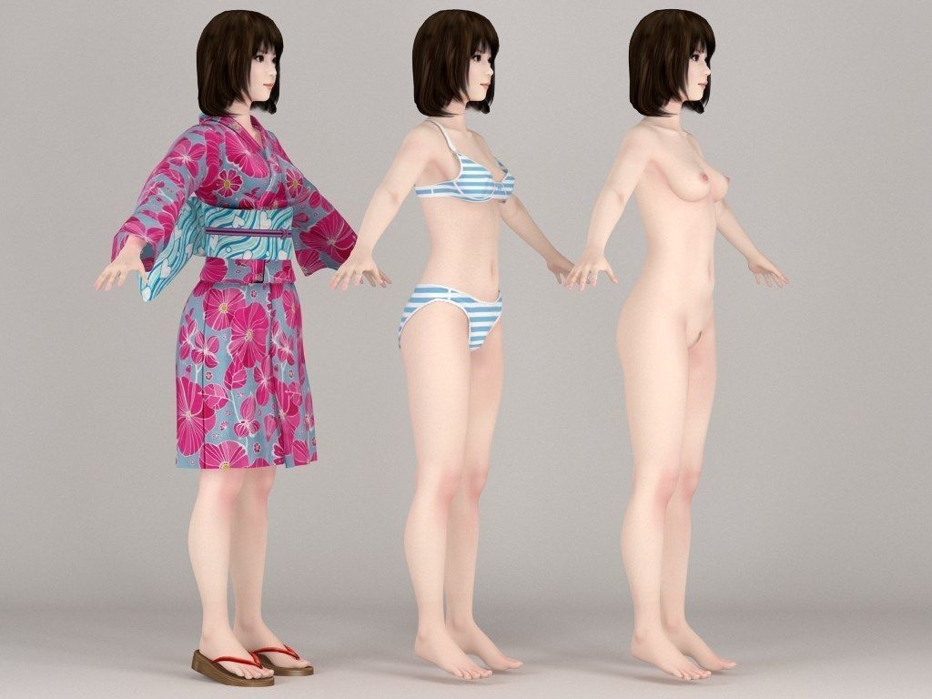 T pose nonrigged model of Mariko in kimono 3D model_6