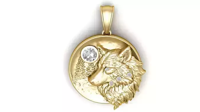 Baying Wolf and Moon 14K Yellow Gold Pendant 3D Printable Model