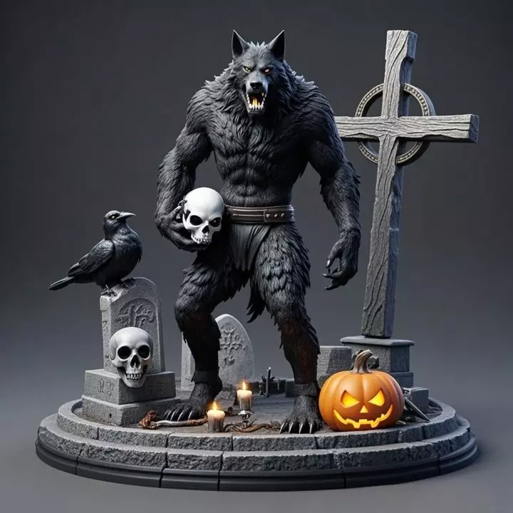 2703COLOR Werewolf Howling with Skull 3D Model 3d stl 3D print model
