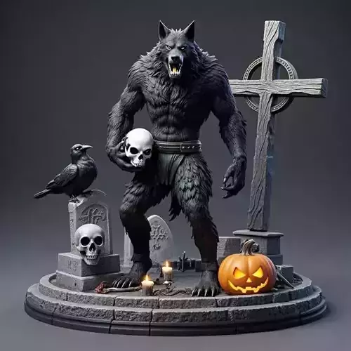2703COLOR Werewolf Howling with Skull  3D Model  Halloween