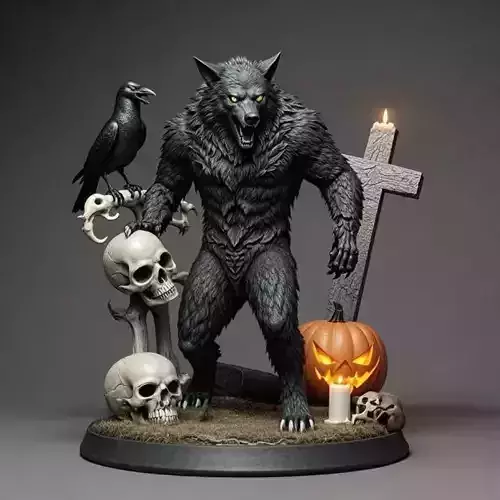 2704COLOR Werewolf Howling with Skull  3D Model  Halloween