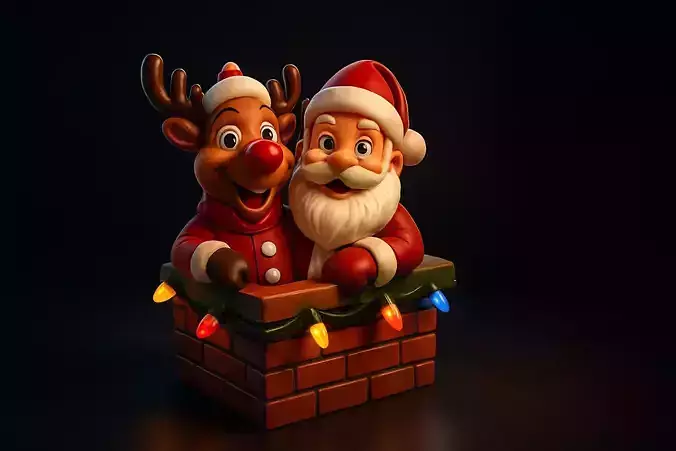 Santa and Reindeer Christmas Chimney Festive Holiday Decoration 3D print model