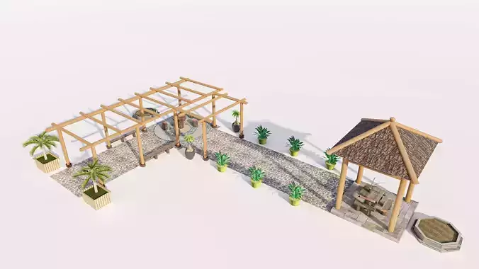 Rustic Pergola with Thatched Gazebo and Stone Path