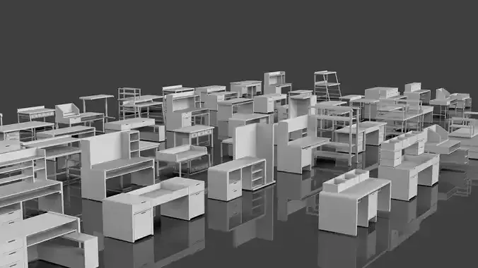 Study Desks And Office Tables Pack - 65 Props - Untextured 3D model 6