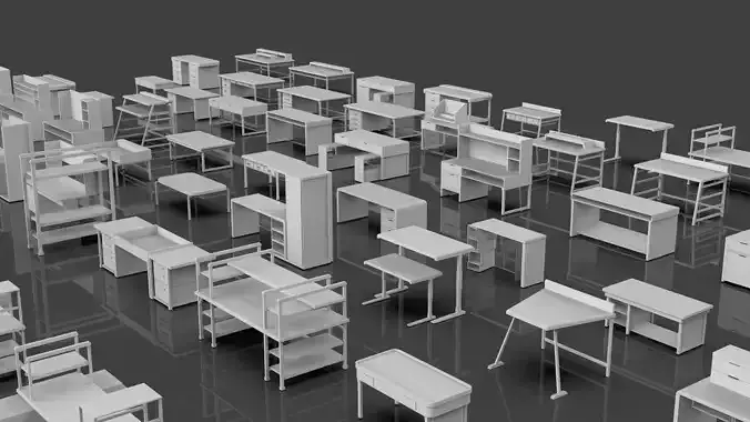 Study Desks And Office Tables Pack - 65 Props - Untextured 3D model 7