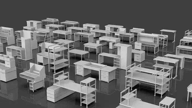 Study Desks And Office Tables Pack - 65 Props - Untextured 3D model 5