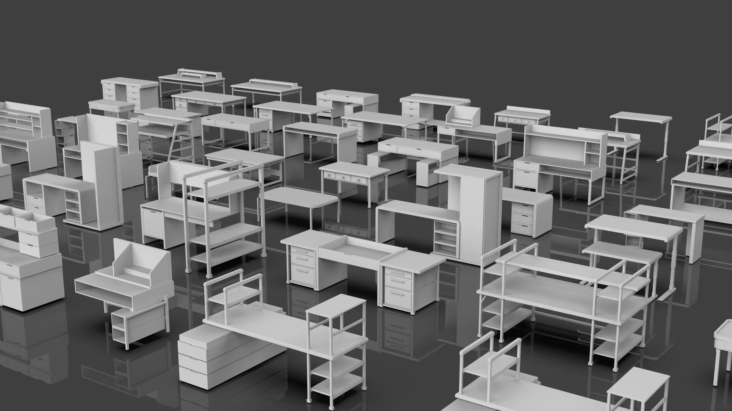 Study Desks And Office Tables Pack - 65 Props - Untextured 3D model_4