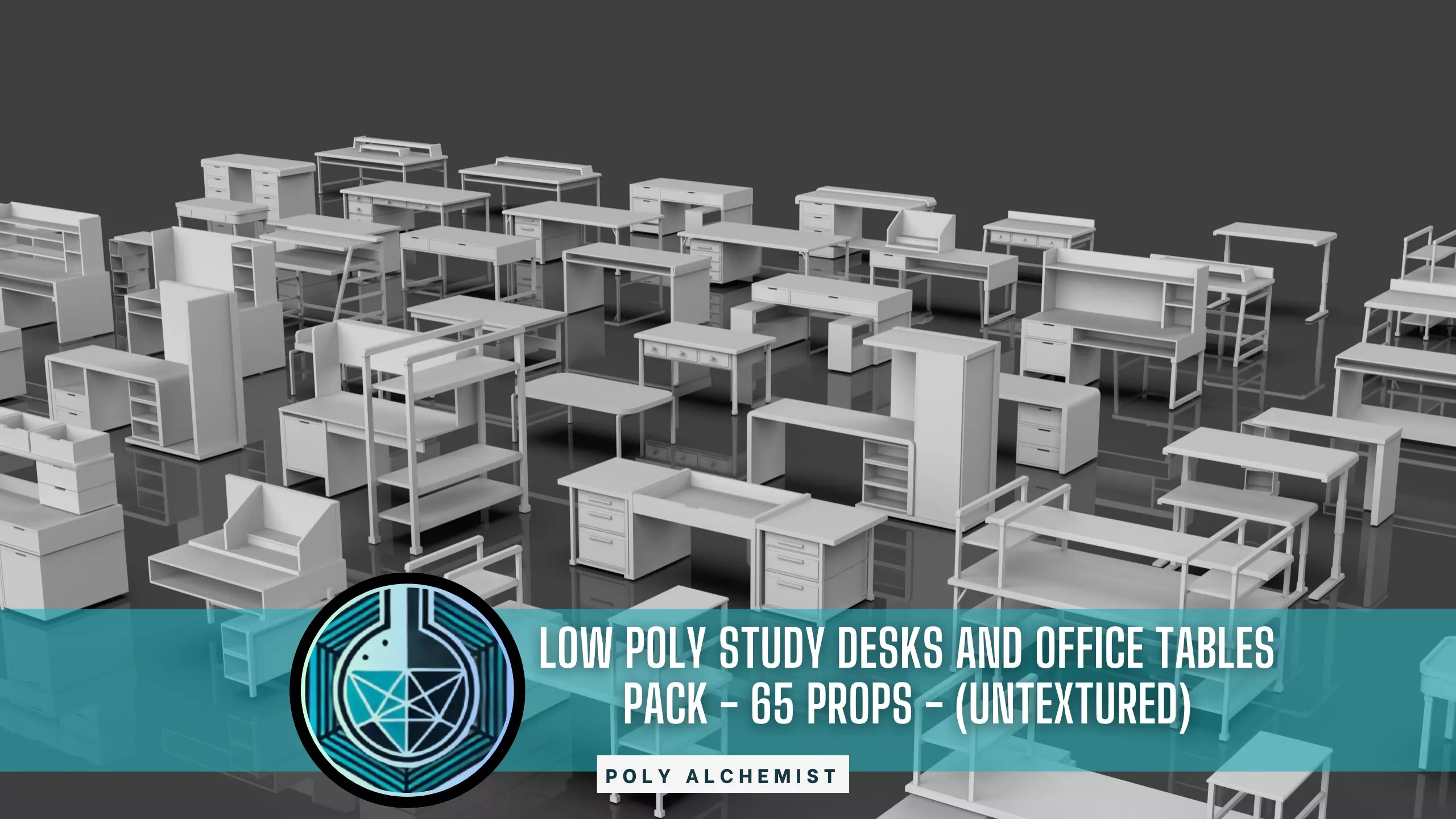 Study Desks And Office Tables Pack - 65 Props - Untextured 3D model_0