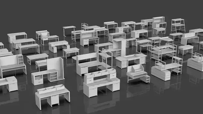 Study Desks And Office Tables Pack - 65 Props - Untextured 3D model 4