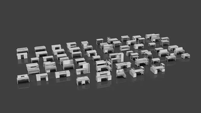 Study Desks And Office Tables Pack - 65 Props - Untextured 3D model 3