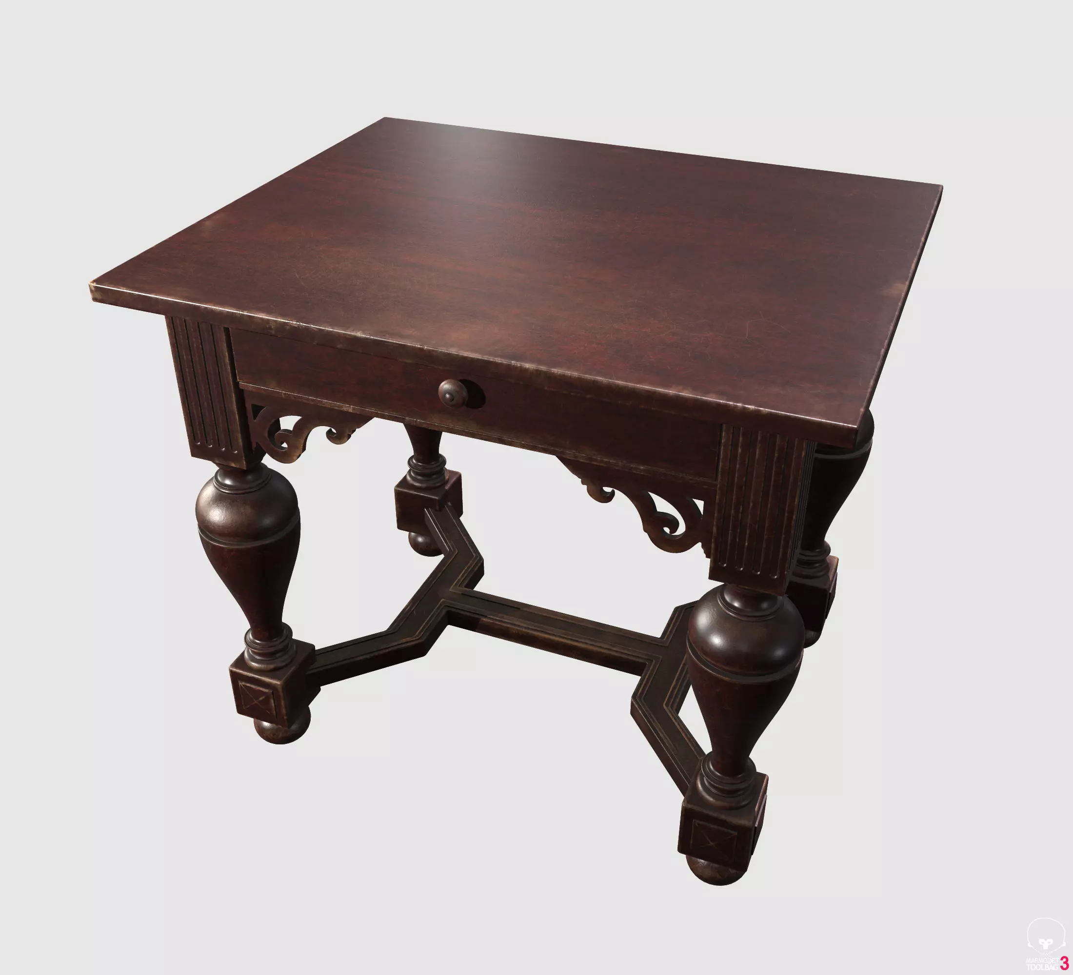 Antique vintage wooden writing desk with carved legs and drawer 3D model_3