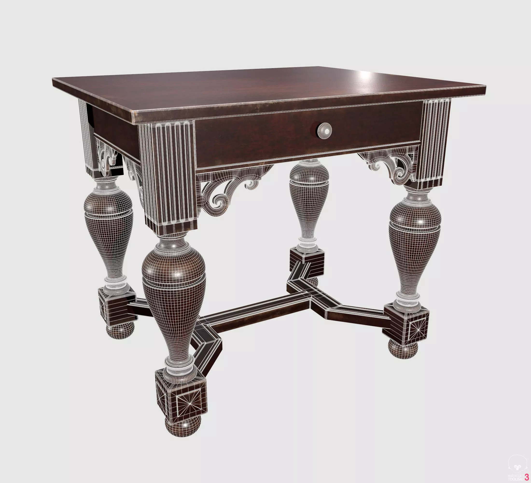 Antique vintage wooden writing desk with carved legs and drawer 3D model_4