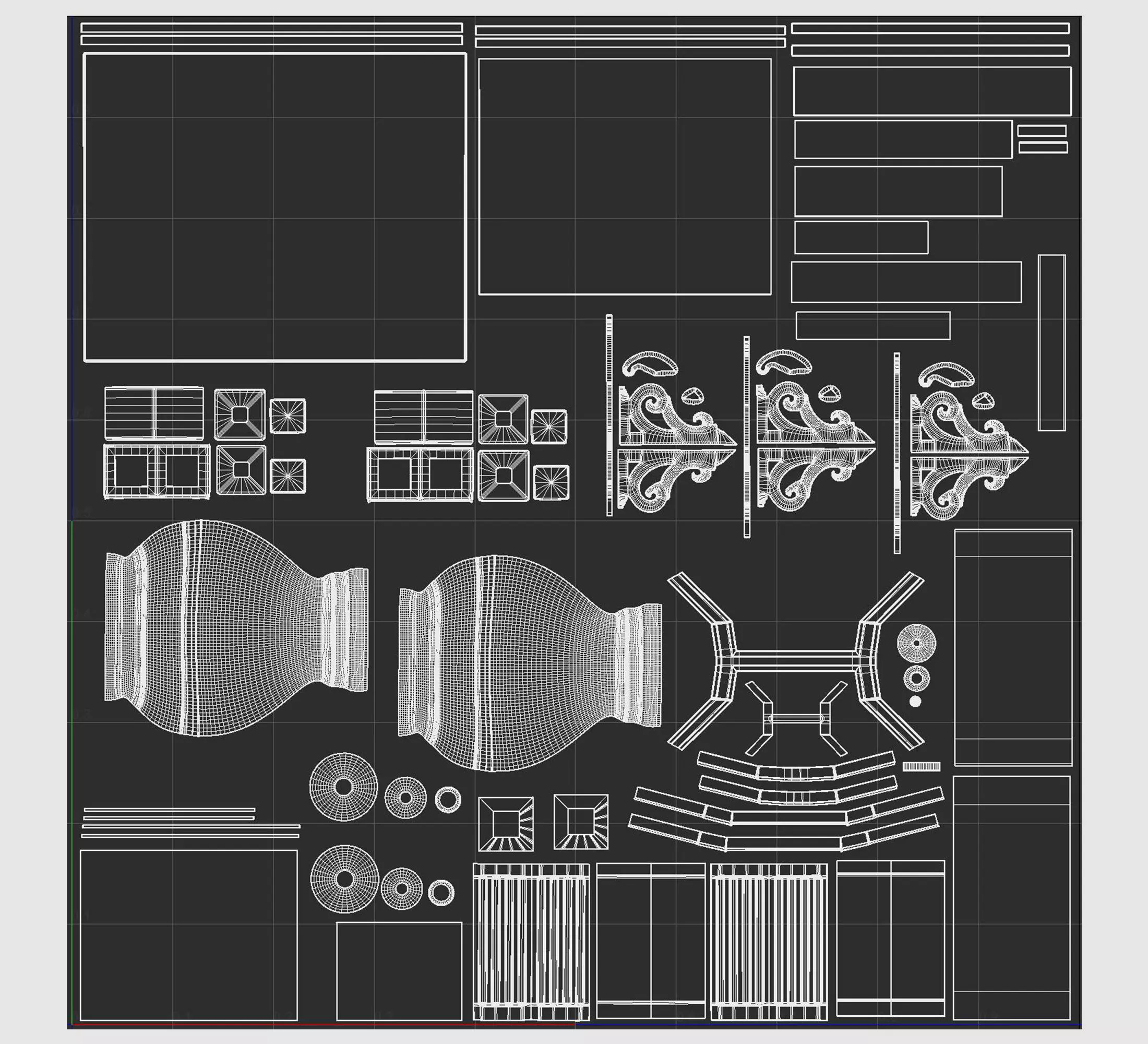 Antique vintage wooden writing desk with carved legs and drawer 3D model_5
