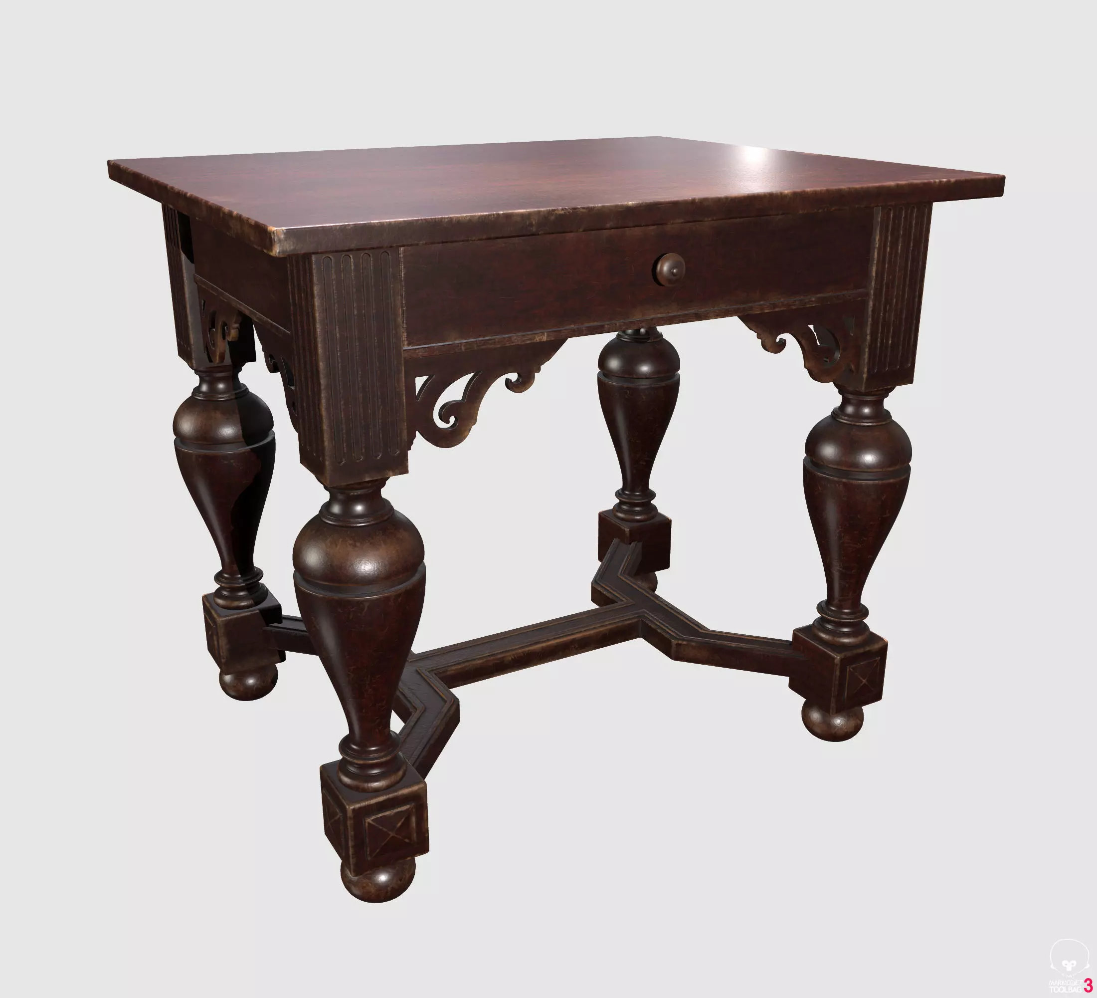 Antique vintage wooden writing desk with carved legs and drawer 3D model_0