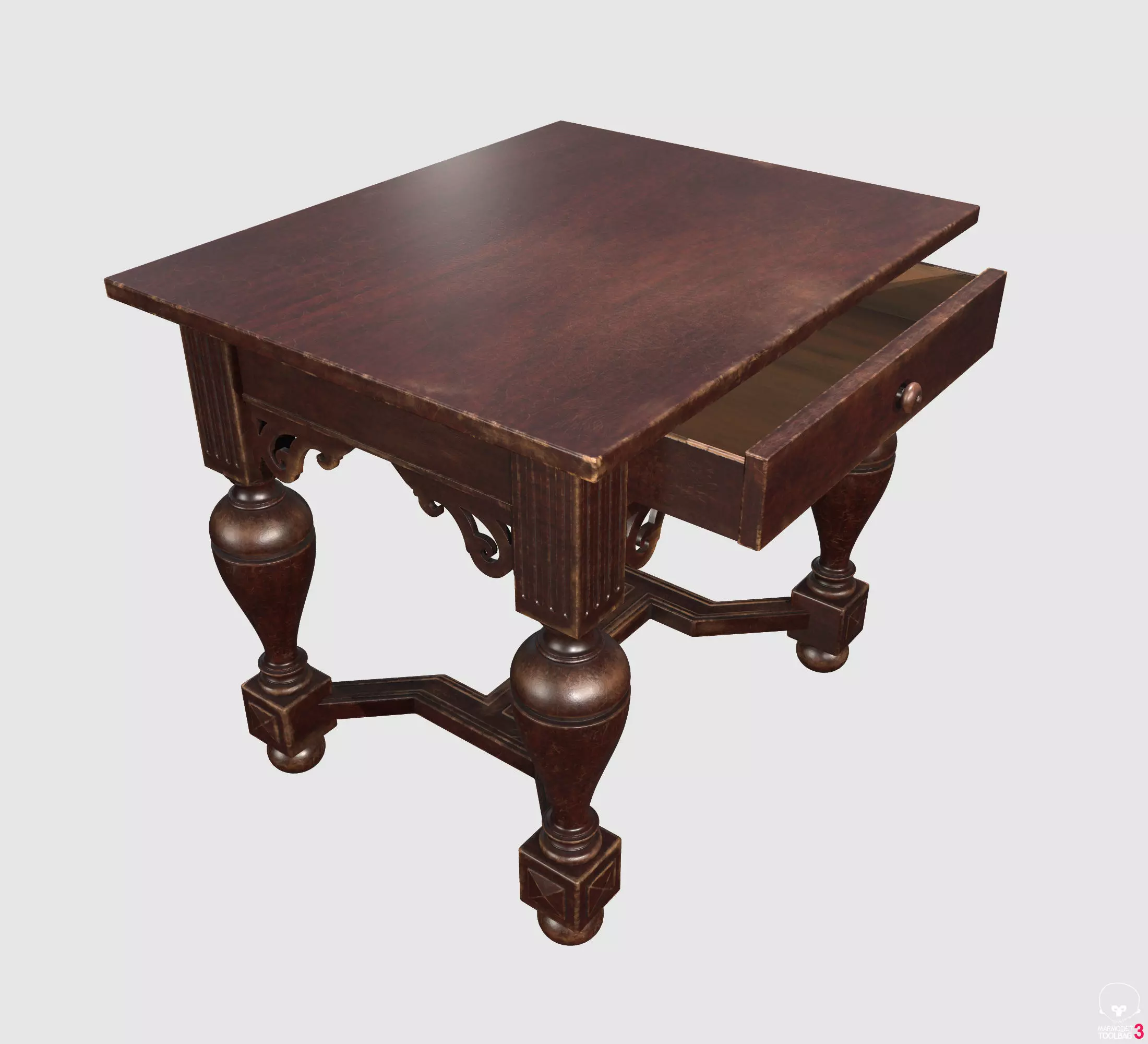 Antique vintage wooden writing desk with carved legs and drawer 3D model_1