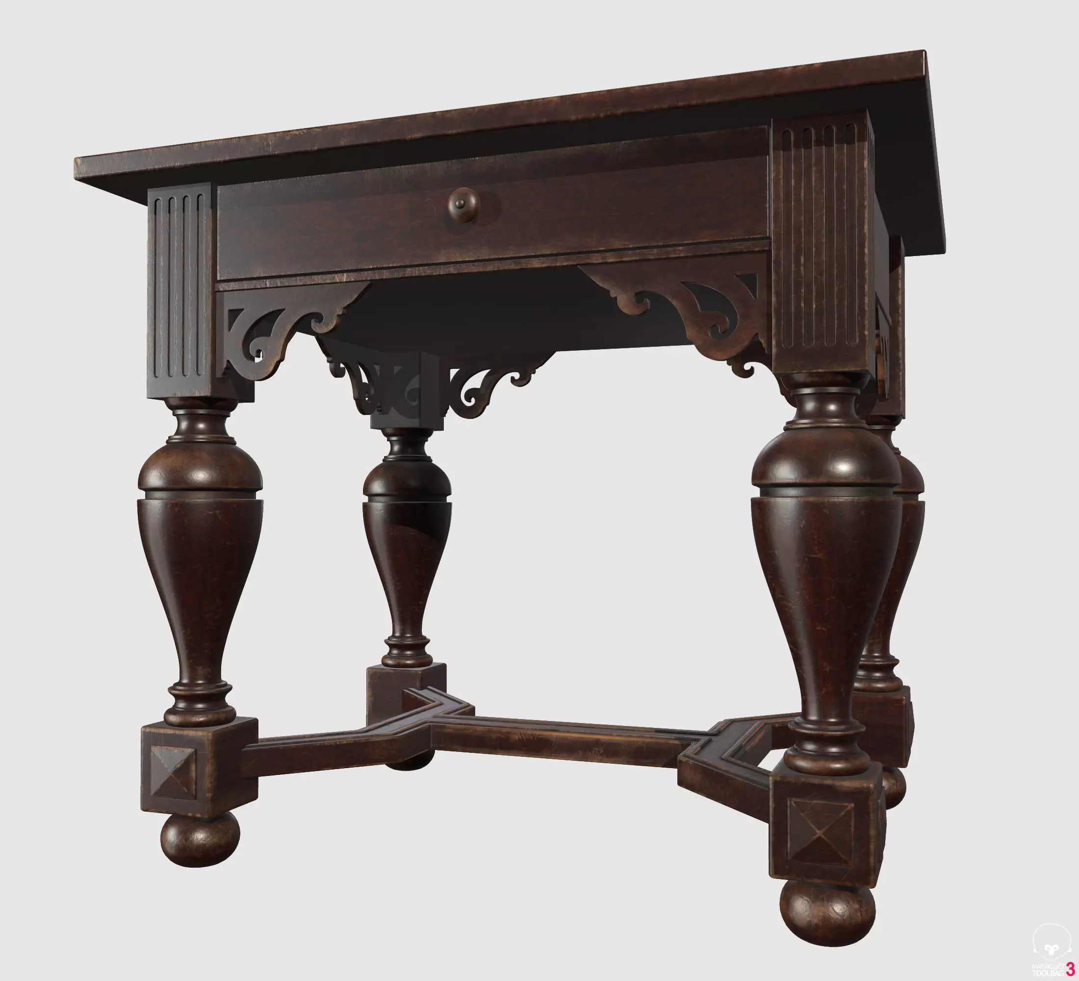 Antique vintage wooden writing desk with carved legs and drawer 3D model_2