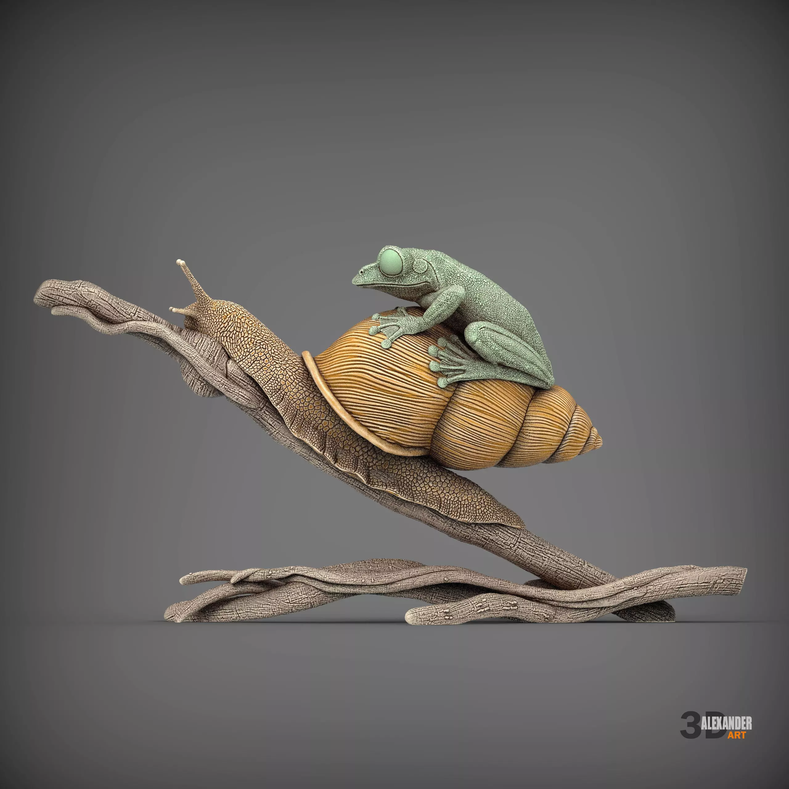 Wallaces Flying Frog on a Snail sculpture 3D print model_0
