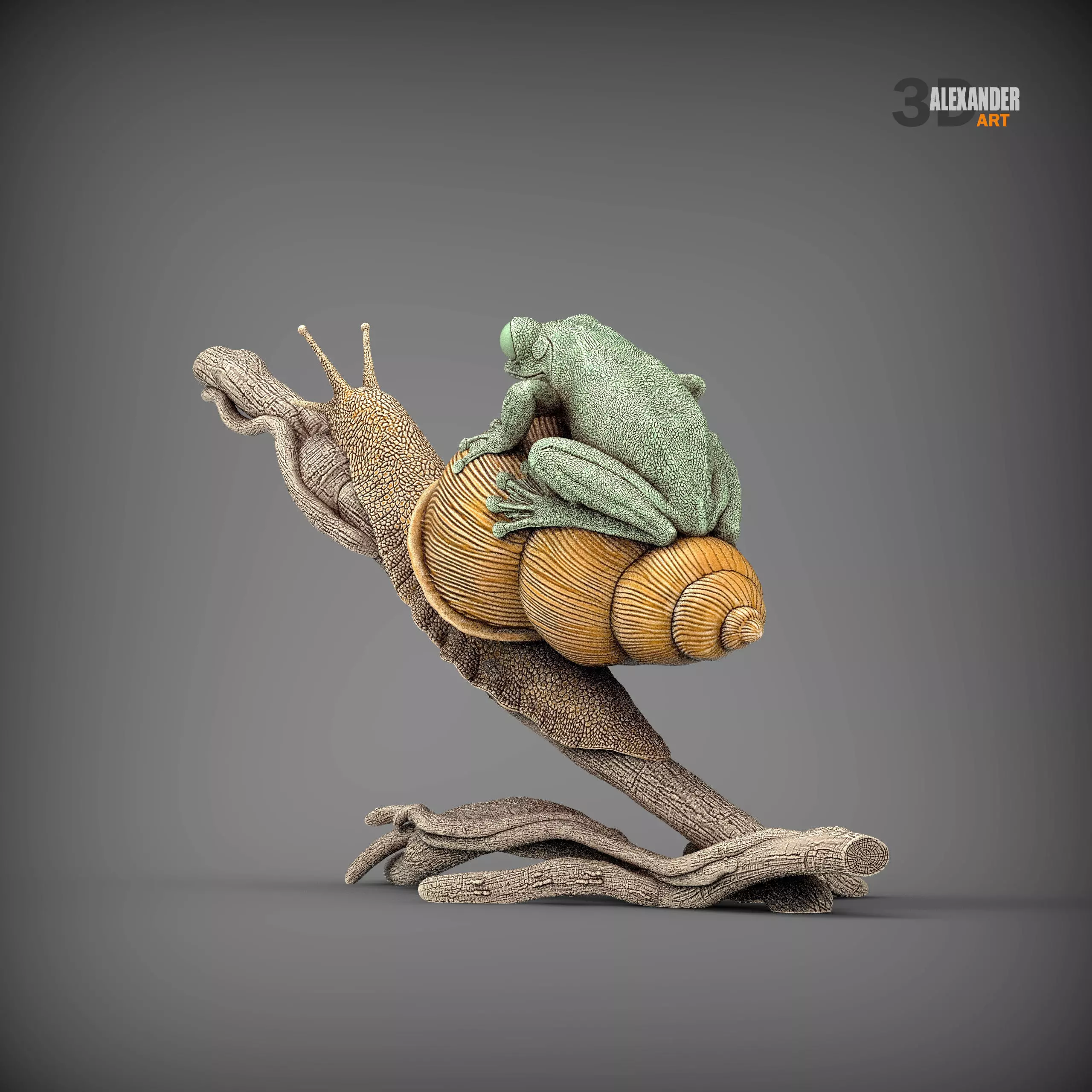 Wallaces Flying Frog on a Snail sculpture 3D print model_5