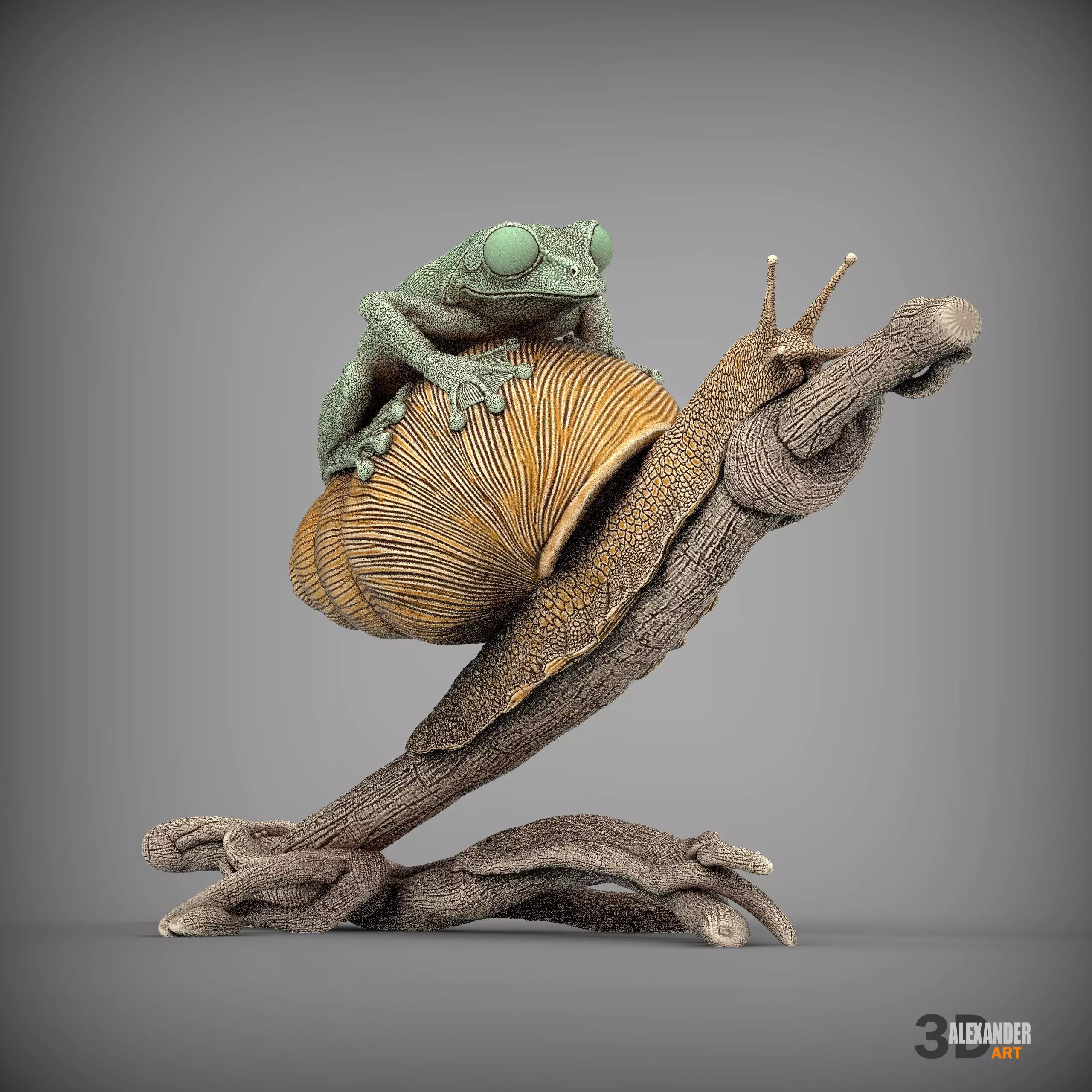 Wallaces Flying Frog on a Snail sculpture 3D print model_2