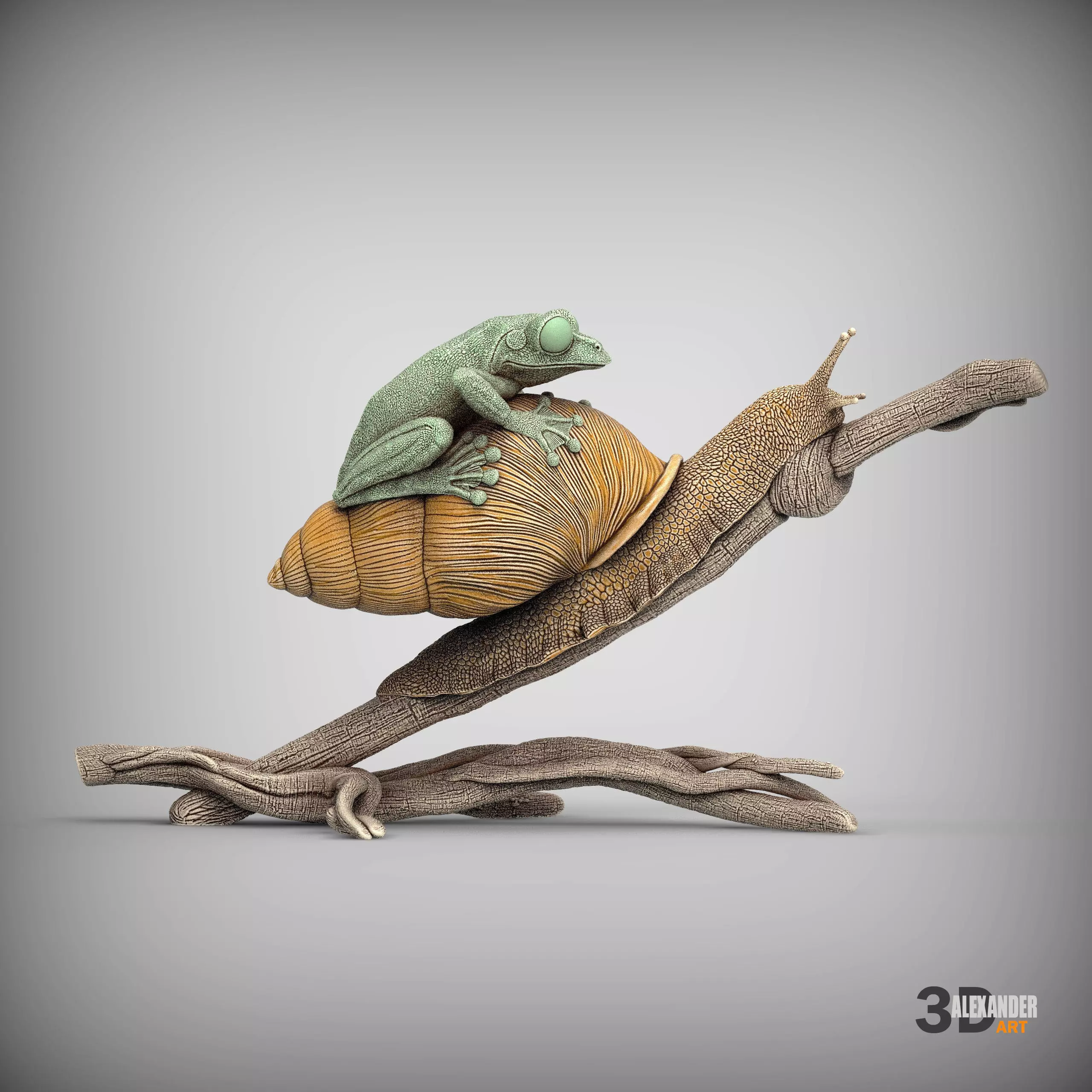Wallaces Flying Frog on a Snail sculpture 3D print model_3