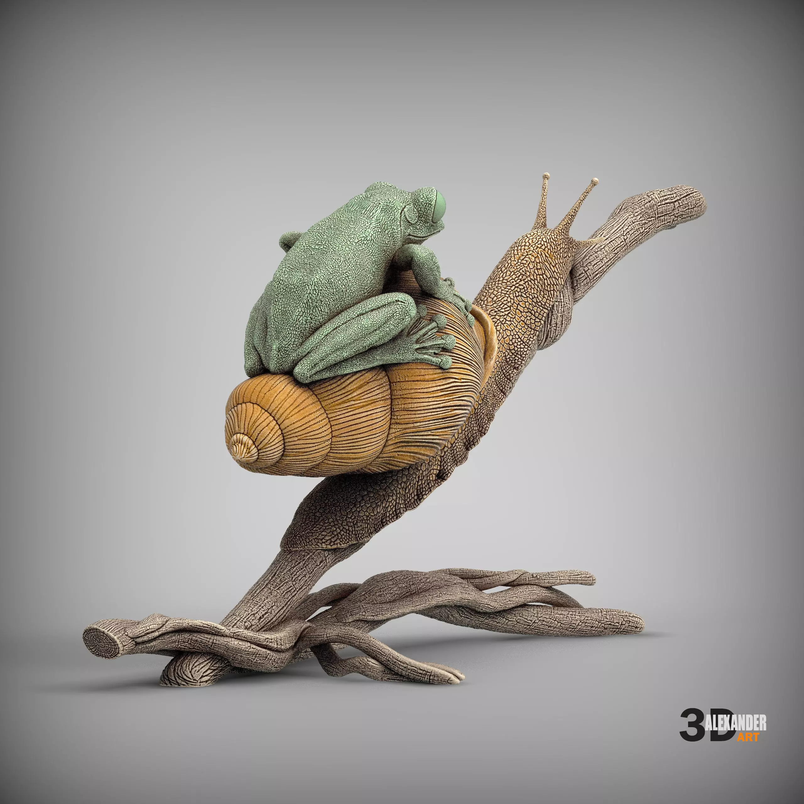 Wallaces Flying Frog on a Snail sculpture 3D print model_4