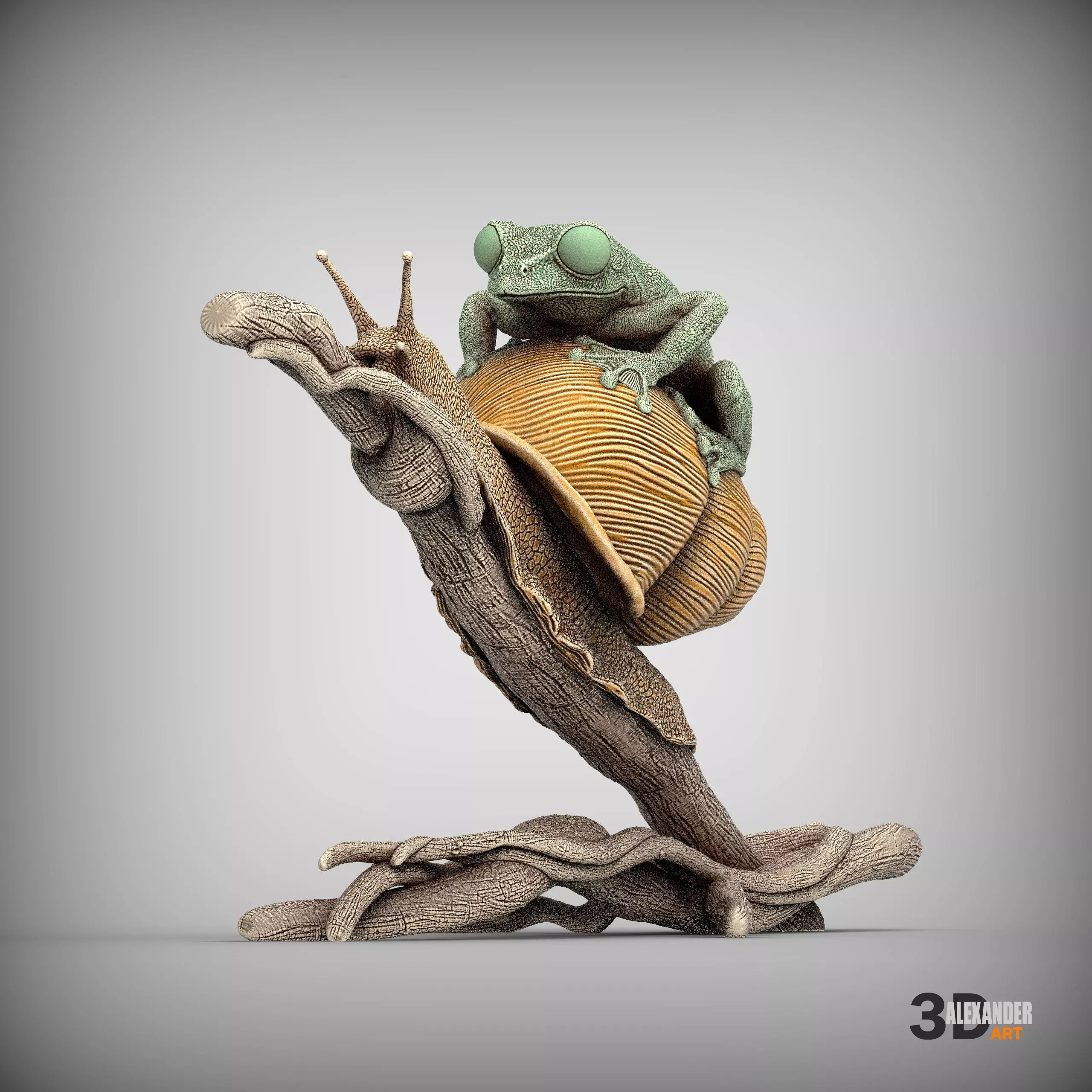 Wallaces Flying Frog on a Snail sculpture 3D print model_1