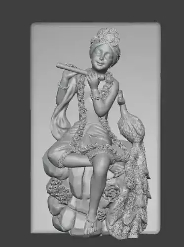 Lord Krishna with Flute and Peacock Model in Frame